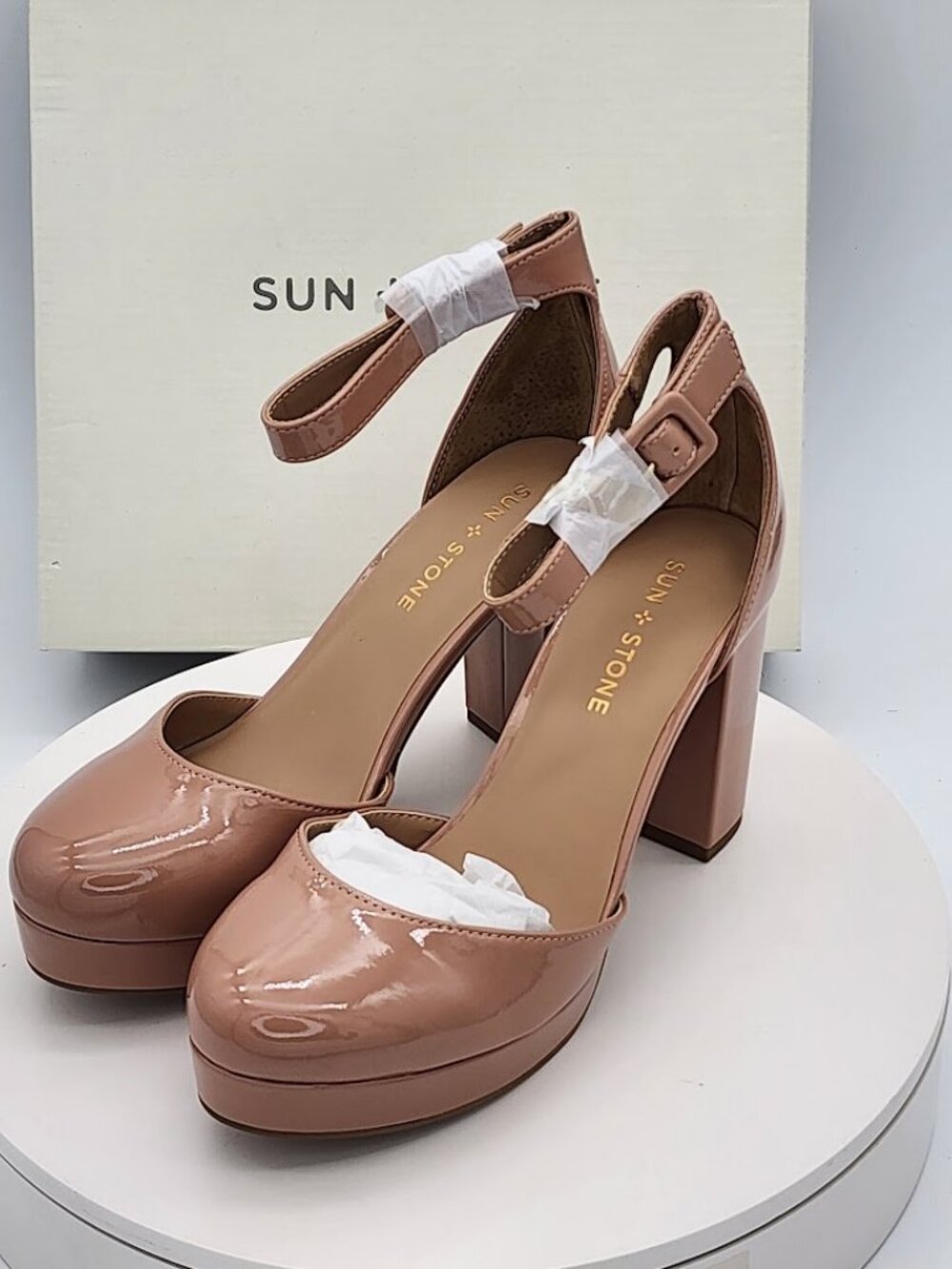 Sun + Stone Birdey Peony Patent Platform Ankle Strap Heels Size 8 - Picture 7 of 10